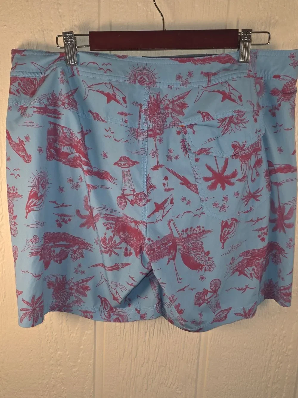 Men's Saxx Light Blue Swim Board Shorts with Pink Print, Size XL